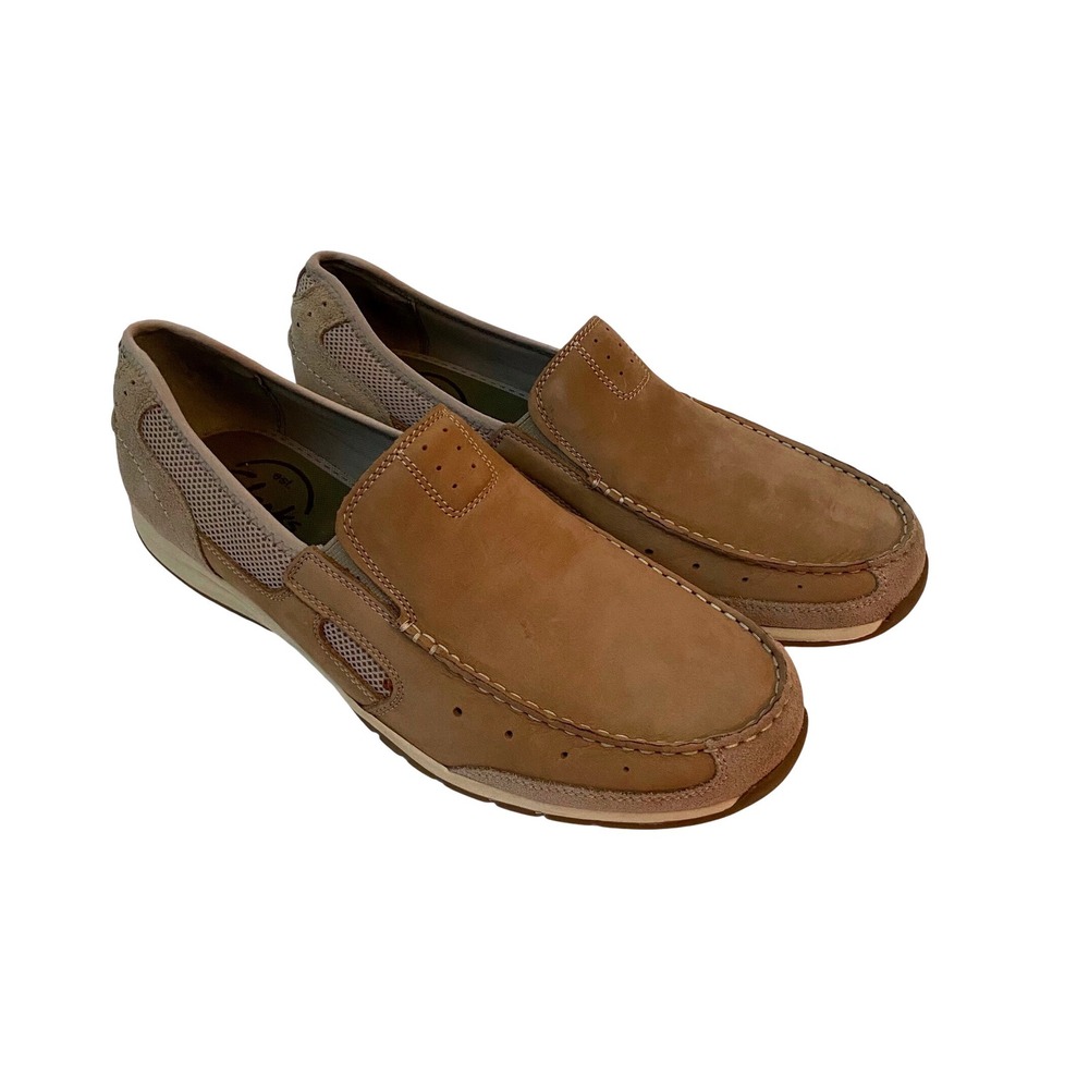 New Clarks 1825 Men Tan Leather Mesh Slip On Loafers Sz 13 Moc Toe Casual Shoes